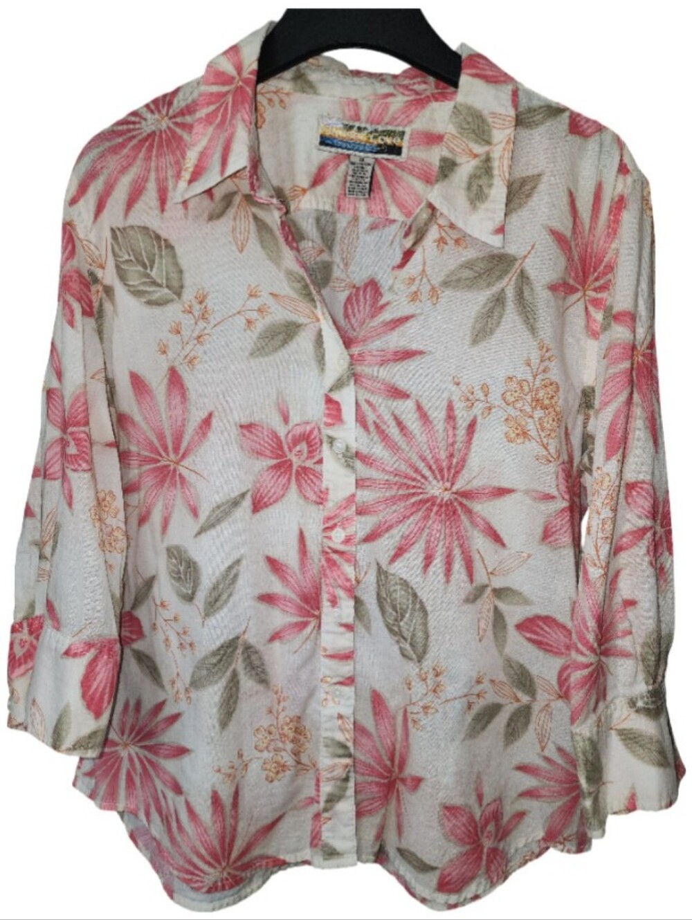 SUNSET COVE Pink Hibiscus Palm Leaf Tropical Hawaiian Button Front Shirt XL